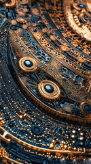 Aufkleber - Complex golden machinery with dark metal components forms an intricate clockwork structure, evoking a futuristic and technological aesthetic