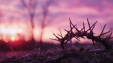 Poster - A crown of thorns lies abandoned on the ground, beautifully highlighted by the warm hues of a striking sunset. The surrounding landscape features silhouettes of trees and grass fading into twilight
