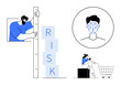 © robu_s - Man measures risk levels with ruler, face recognition in circle, woman shopping online while beside a cart. Ideal for risk management, biometrics, security, technology, e-commerce, shopping internet