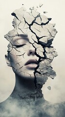Aufkleber - Surreal portrait of a woman with closed eyes and exploding head, symbolizing burnout, stress, mental health issues and information overload