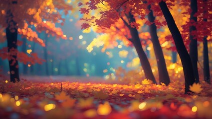Poster - colorful autumn forest with vibrant leaves and soft sunlight in a tranquil setting
