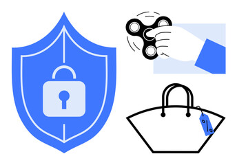 Wall Mural - Security shield with a padlock symbol, hand holding a fidget spinner, and a handbag with a tag. Ideal for security, stress relief, shopping, personal protection, consumer goods, mental health