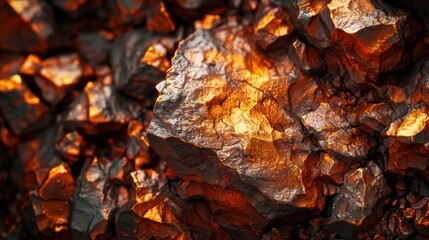 Poster - Textured copper ore shines with a blend of vibrant orange and deep brown hues, highlighting its unique mineral formations in warm afternoon sunlight.