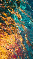 Fototapete - Metallic water surface mirroring golden, turquoise hues, forming fluid abstract patterns and textural visual elements