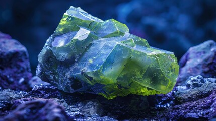 Aufkleber - A vibrant green crystal stands out against a dark, rocky background, illuminated by soft blue lighting. The unique shape and clarity of the crystal create an intriguing visual effect.
