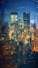 Aufkleber - New York City skyline at night with digital overlay effect suggesting the concept of smart city and information technology