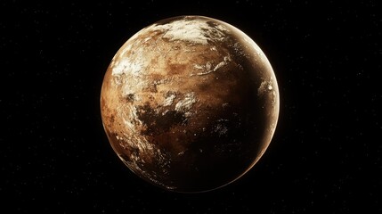 Brown textured planet against a dark star filled backdrop