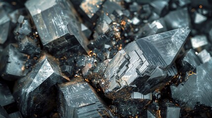 Poster - Sharp edged metallic crystals with a reflective surface are clustered together, creating a captivating arrangement that captures subtle lighting and highlights their intricate textures.