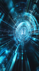 Leinwandbilder - Illuminated blue futuristic cyberspace tunnel transmitting data, featuring dynamic light trails that evoke speed and advanced technology