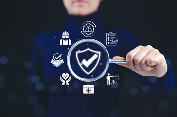 Poster - Work safety and compliance inspection concept. Woman holding magnifying glass with icons work safety, compliance, risk management, operational efficiency, and safety standards. policy enforcement,