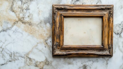 Wall Mural - Rustic wooden picture frame on marble wall background. Premium frame template