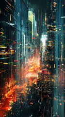 Fototapete - Light trails illuminating busy streets in a vibrant, futuristic cityscape with towering skyscrapers at night