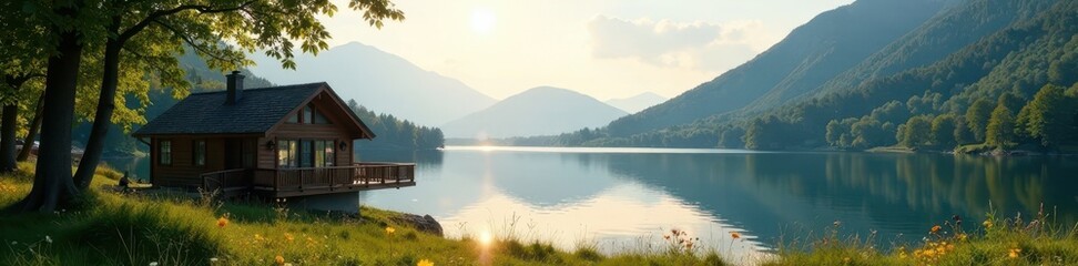 Wall Mural - child's lake house vacation photo, capturing serene lake view , sky, fun, stunning