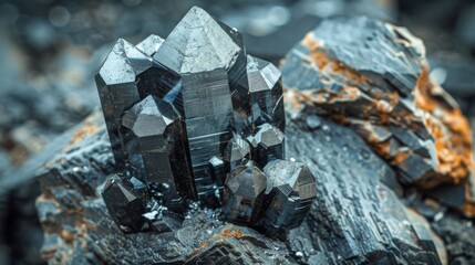 Fototapete - Dazzling black mineral crystals rise from a rocky surface, showcasing their unique formations and textures under natural light, creating an impressive natural display