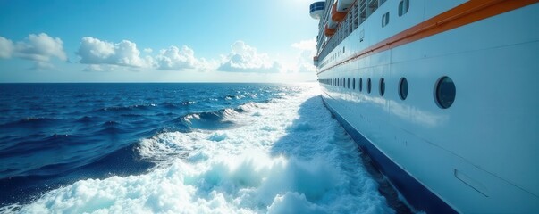 Wall Mural - cruise ship wake, churning foam, blue atlantic ocean sunlit waves , spray, vacation, power