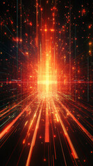 Leinwandbilder - Bright orange and red lights creating an abstract futuristic cyberspace with data stream flowing through digital network