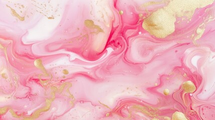 Abstract Fluid Art Background with Pink Swirls and Golden Accents