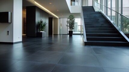 Poster - A large, empty room with a black staircase leading up to a balcony