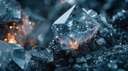 Poster - Intricate crystals lie scattered on a dark mineral bed, reflecting light with their sharp edges and vibrant facets in a mesmerizing display of natural beauty