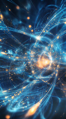 Leinwandbilder - Vibrant golden, blue light trails spiraling toward luminous center, forming dynamic energy vortex