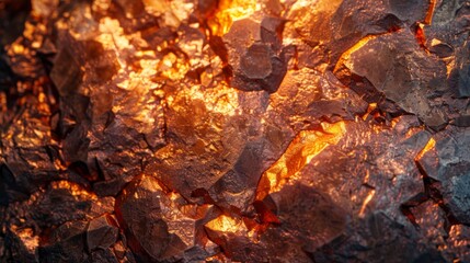 Poster - Bright orange and red hues have emerged from the rocky surface as molten lava flows through cracks in the volcanic landscape at night, showcasing nature's raw power and beauty.