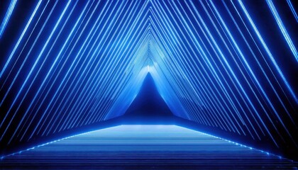 Poster - futuristic neon tunnel with blue light symmetry, glowing lines forming a perspective illusion, sci-fi digital background

