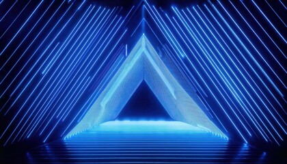 Poster - futuristic neon tunnel with blue light symmetry, glowing lines forming a perspective illusion, sci-fi digital background

