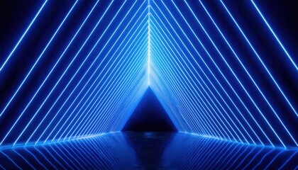 Poster - futuristic neon tunnel with blue light symmetry, glowing lines forming a perspective illusion, sci-fi digital background

