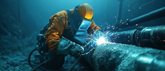 Poster - A man in a yellow and orange jumpsuit is working on a pipe