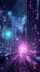 Aufkleber - Vibrant futuristic cityscape glowing with neon lights, digital effects, luminous portal illuminating surreal nighttime urban landscape