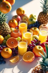 Poster - Fresh fruit display featuring assorted juices and fruits on a bright table