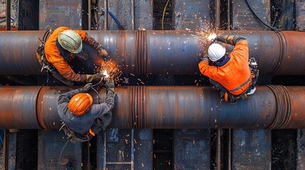 Poster - Three men are working on a pipe, with sparks flying from their tools