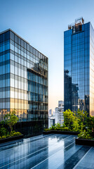 Poster - Rooftop garden featuring verdant greenery, glass skyscrapers reflecting golden sunset light in urban business environment