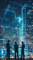 Aufkleber - Silhouetted engineers discussing holographic projection of a smart city infrastructure, featuring interconnected networks and data flow