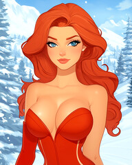 Wall Mural - Woman with red hair and a red dress is posing for a picture. The image has a wintery theme, with snow and mountains in the background. The woman's outfit is red and white