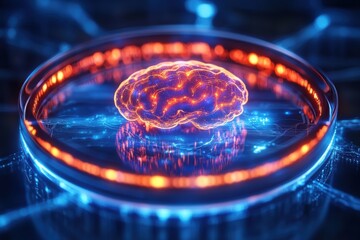 Poster - Artificial intelligence: glowing digital brain floating in futuristic cyberspace