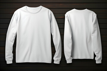 Long sleeve white t-shirt displayed on a dark wooden background highlights its simple design and versatile style for casual wear or layering in various fashion contexts