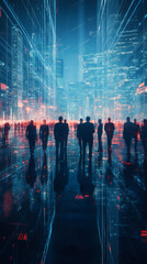 Aufkleber - Businesspeople silhouettes walking in a futuristic metaverse city with glowing digital lines and data, reflecting on wet pavement