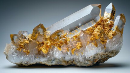 Fototapete - A striking quartz crystal cluster stands out with several pointed formations and vivid golden pyrite inclusions. The display is enhanced by focused studio lighting, emphasizing its natural beauty.