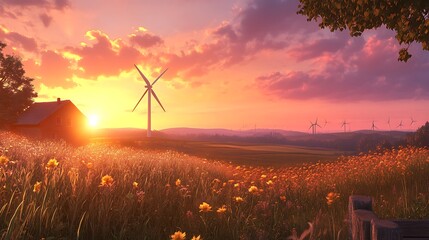 tranquil landscape with wind turbines cottage and flowers image