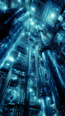 Poster - Low angle view of shiny pipelines and reactors in an illuminated power station, creating a futuristic and industrial atmosphere