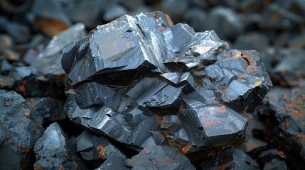Aufkleber - A striking black obsidian crystal stands out among surrounding stones, reflecting light and displaying its unique texture and angular shapes in a natural rocky setting.