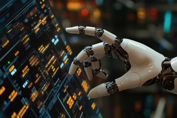 Aufkleber - Robot hand interacting with futuristic interface in a technological environment