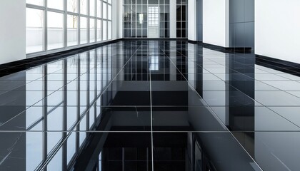 Poster - A large room with a black tile floor and a lot of windows