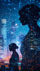 Poster - Corporate professionals standing against glowing urban skyline, digital network overlay connecting technological landscape at nighttime