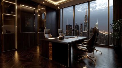 Poster - A large, dark room with a desk and two chairs