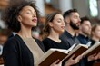 © jureephorn - Choir members and churchgoers holding hymnbooks, deeply engrossed in singing during mass, professional and vibrant religious scene, sharp and realistic details