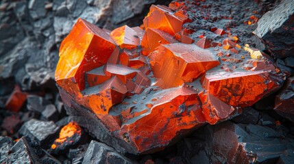 Aufkleber - Crystalline formations of vibrant orange minerals are showcased against a backdrop of dark rock. The sunlight highlights the geometric shapes and colors, creating a striking visual display.