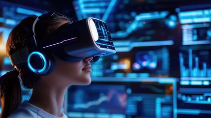 Aufkleber - A woman wearing a virtual reality headset is looking at a computer screen with a