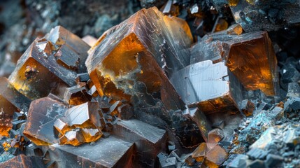 Aufkleber - Glimmering brown cubic crystals showcase intricate patterns and vibrant hues while lying among various minerals, illuminated by natural light in a rocky landscape